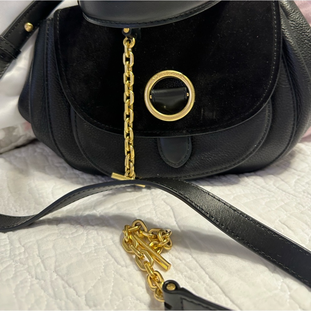 Leather, suede, brass hardware, short handle, long strap